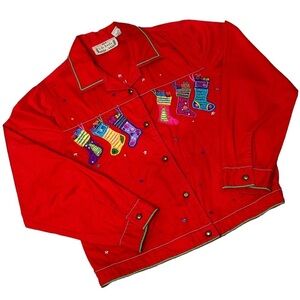 VINTAGE '90's Jacket Christmas Embroidered Multicolor Red Festive Size Large
